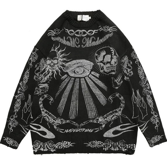 Sofullue Men Women Harajuku Long Sleeve Sweater Gothic Punk Skull Eye Scorpion Graffiti Printed Pullover Tunic Top Oversized Loose Ripped Knitwear Jumper Shirt Streetwear