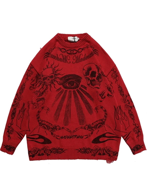Men Women Harajuku Long Sleeve Sweater Gothic Punk Skull Eye Scorpion Graffiti Printed Pullover Tunic Top Oversized Loose Ripped Knitwear Jumper Shirt Streetwear
