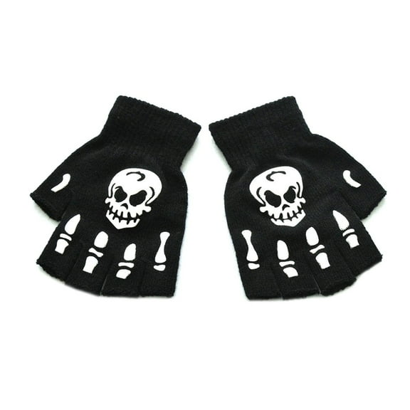 Sofullue Unisex Adult Halloween Skeleton Skull Half Finger Gloves Glow in the Dark Fingerless Stretch Knitted Winter Mittens