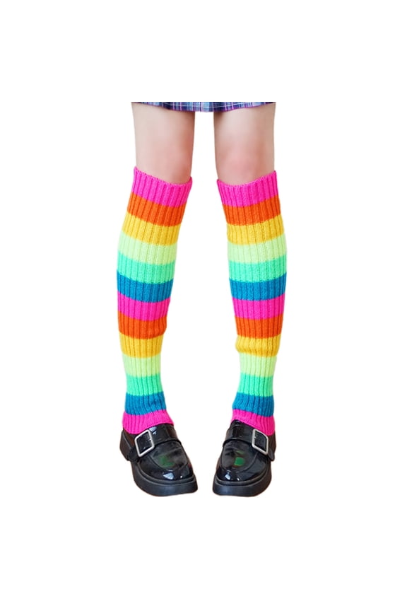 Women 80s Retro Party Ribbed Knit Leg Warmers Neon Rainbow Multicolor Striped Foot Cover Sleeve Dance Sport Long Socks