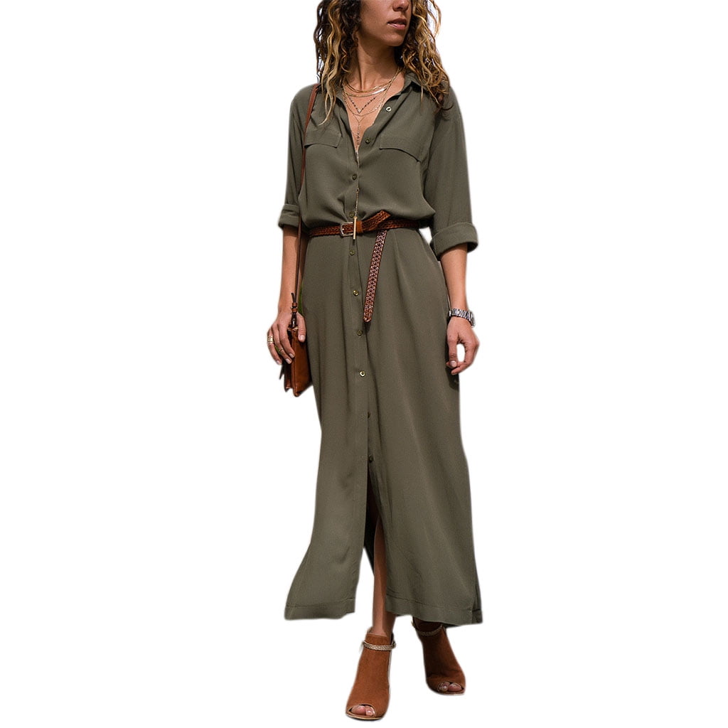 Split Solid Sofullue Women Button Down Collar Roll Up Sleeve Casual Long Maxi Shirt ...