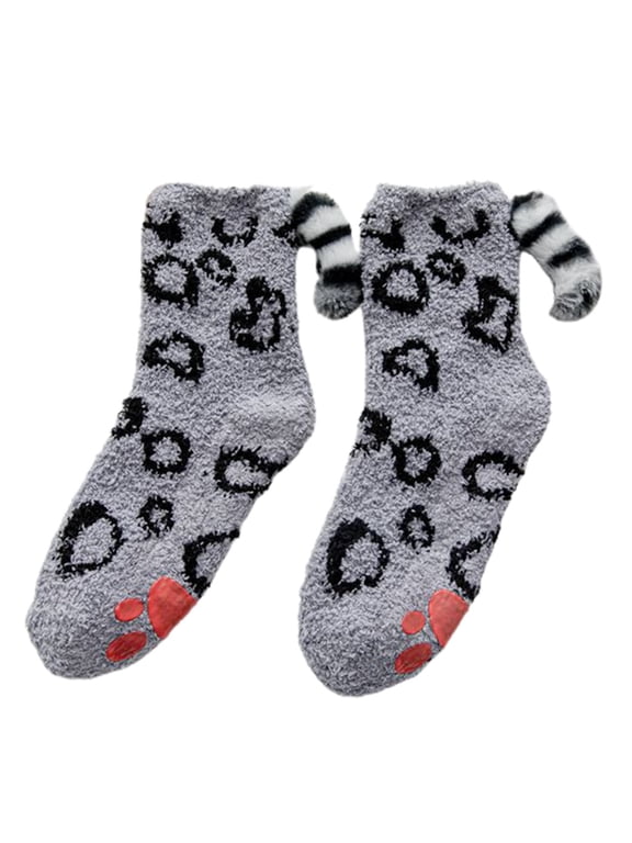 Women Cute for Cat Paw Fuzzy Slipper Socks with Grippers 3D Plush Tail Warm Hosi
