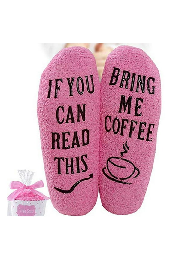 Women Fuzzy Velvet Socks If You Can Read This Bring Me Coffee Wine Chocolate Phrase Anti-Slip Hosiery with Cupcake Box