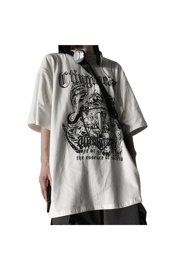 Women Men Dark Goth Short Sleeve T-Shirt Harajuku Punk for Cross Shield Graphic Letters Print Loose Hip Hop Oversized To