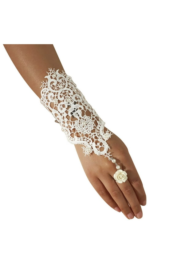 Women's Glove in 2 Colors with Rose Beads Lace Glove and Adjustable Ring with Long Bracelet Women Wedding Accessories