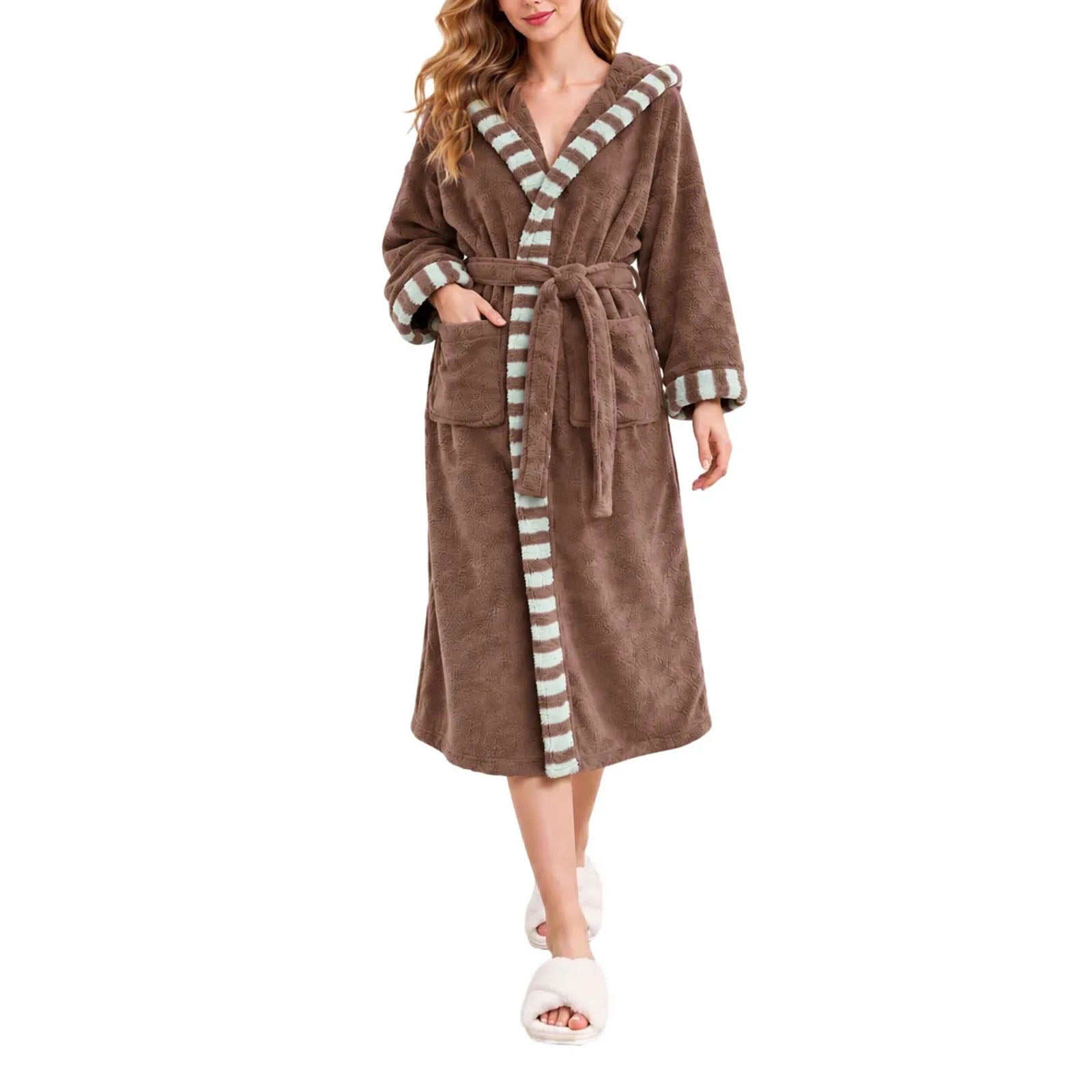 Sofwtay Women Hooded Fleece Robe Long Belted Plush Bathrobe Black White ...