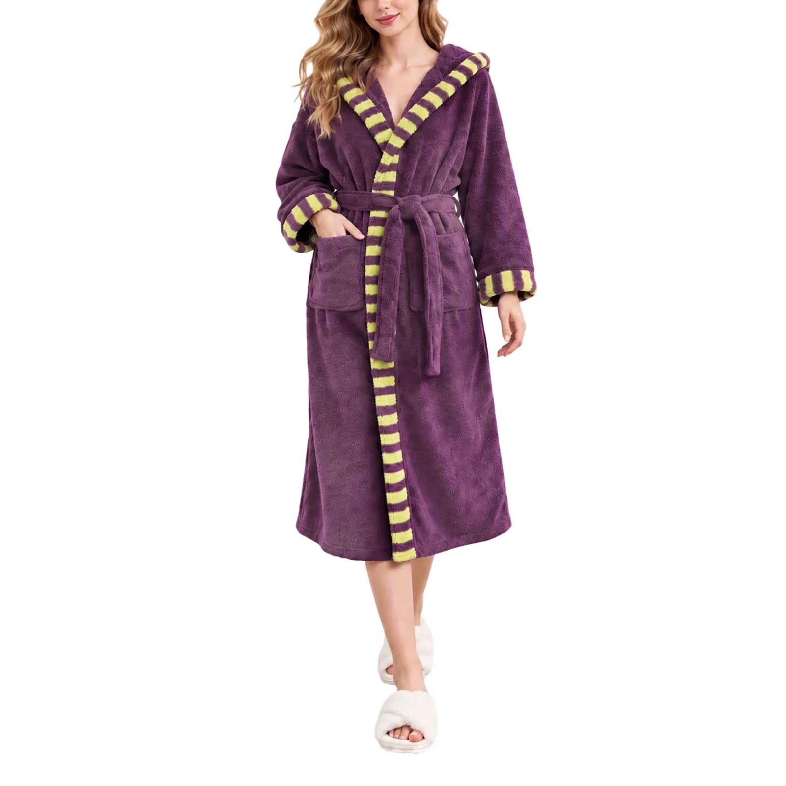 Sofwtay Women Hooded Fleece Robe Long Belted Plush Bathrobe Black White ...