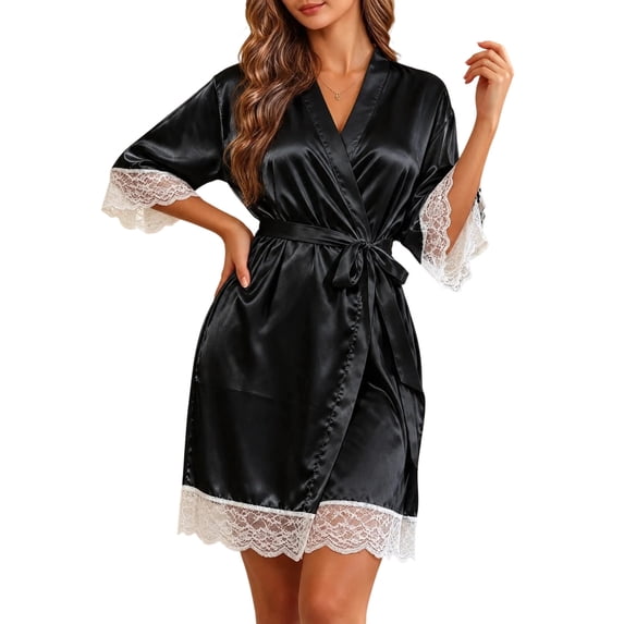 Sofwtay Women Satin Short Robe Belted V Neck Wrap Bathrobe Lace Trim ...