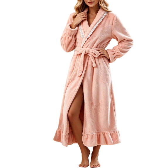 Sofwtay Women Shawl Collar Fleece Robe Long Belted Plush Bathrobe Lace ...