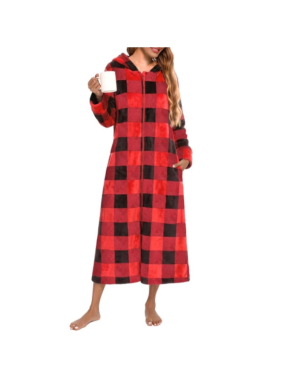 Women's Buffalo Plaid Fleece Hooded Zip‑Up Housecoat Long Sleeve Maxi Loungewear Robe with Side Patch Pockets for Lounging