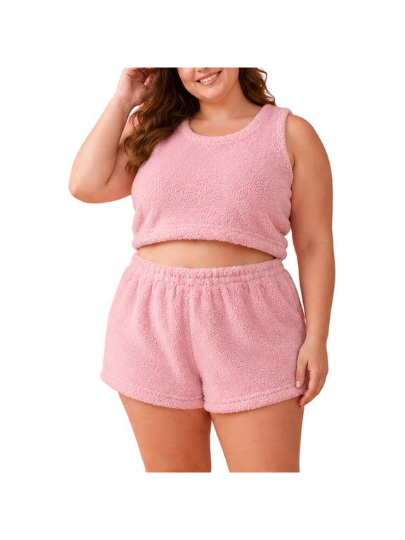 Women's Crew Neck Fuzzy Fleece Pajama Set Sleeveless Crop Tank Top with Elastic Waist Shorts Loungewear Set for Lounging