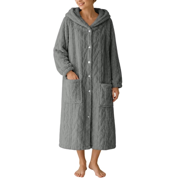 Sofwtay Women's Plus Size Cable Fleece Hooded Button Front Long Bath Robe with Side Pockets for Ladies Loungewear Sleepwear