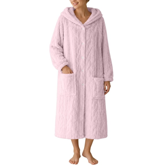 Sofwtay Women's Plus Size Cable Fleece Hooded Button Front Long Bath Robe with Side Pockets for Ladies Loungewear Sleepwear