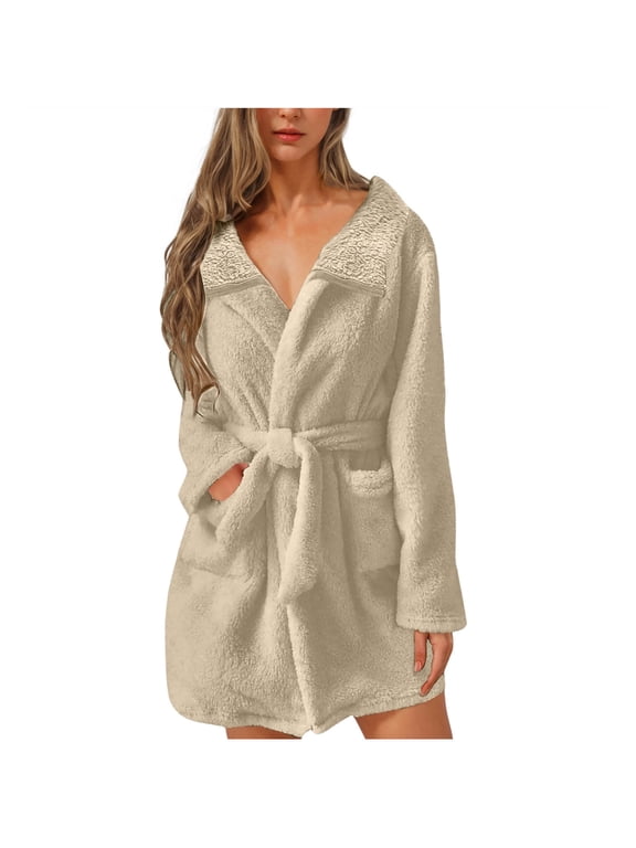 Women's Solid Fuzzy Fleece Shawl Collar Wrap Bath Robe Long Sleeve Short House Robe with Self‑Tie Belt Dual Patch Pockets for Lounging