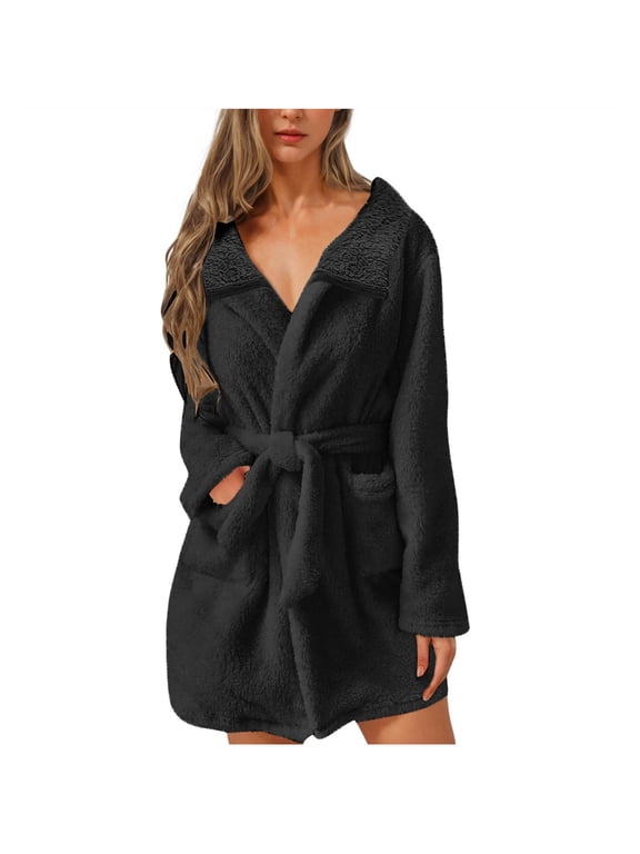 Women's Solid Fuzzy Fleece Shawl Collar Wrap Bath Robe Long Sleeve Short House Robe with Self‑Tie Belt Dual Patch Pockets for Lounging
