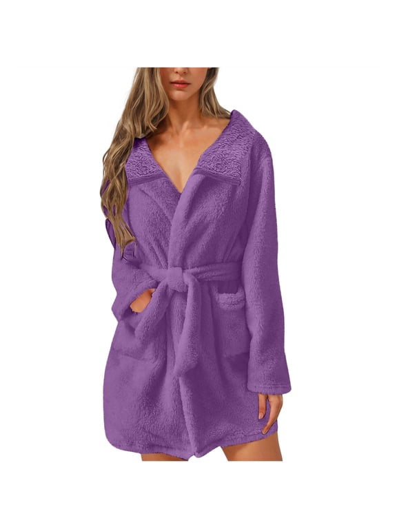 Women's Solid Fuzzy Fleece Shawl Collar Wrap Bath Robe Long Sleeve Short House Robe with Self‑Tie Belt Dual Patch Pockets for Lounging