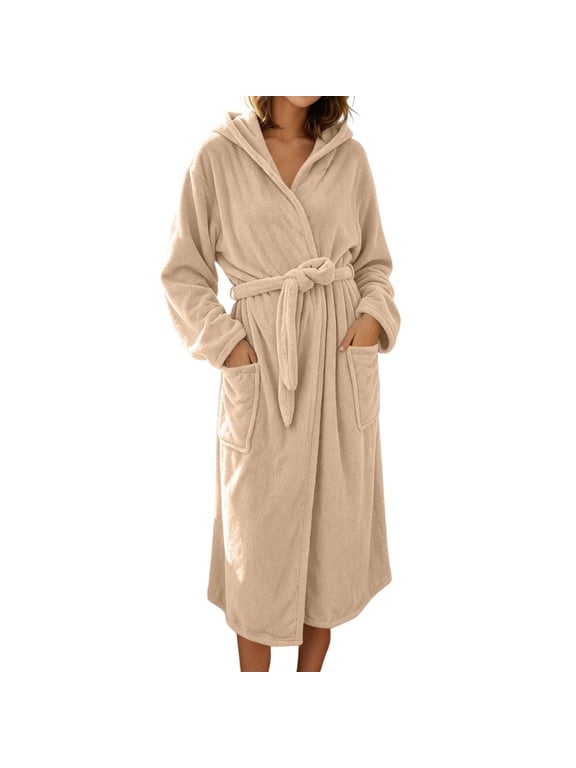 Women's Solid Terry Fleece Hooded Wrap Bath Robe Long Sleeve Midi House Robe with Self‑Tie Belt Dual Patch Pockets for Lounging
