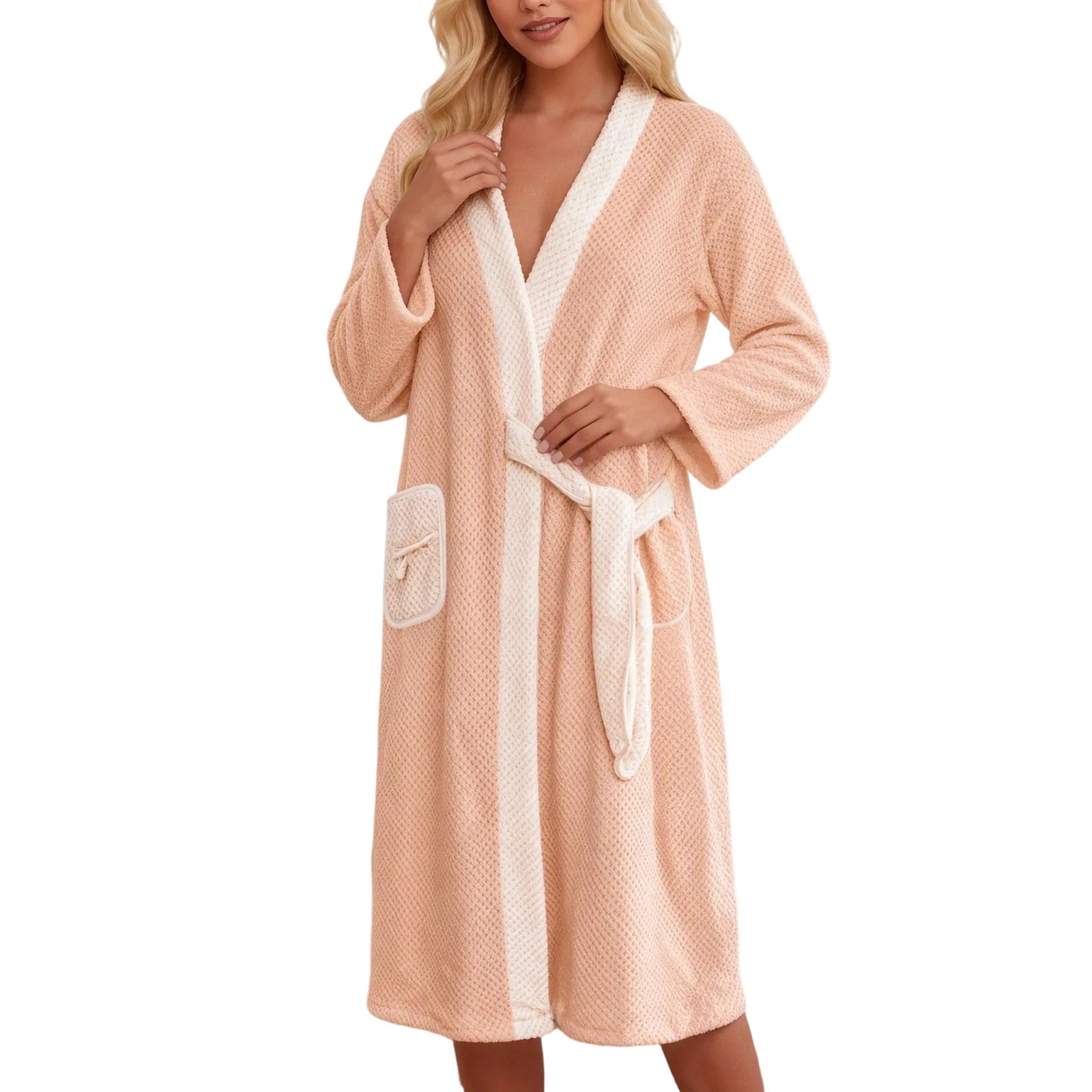 Sofwtay Women's Waffle Textured Fleece Bath Robe V Neck Wrap Tie Waist ...