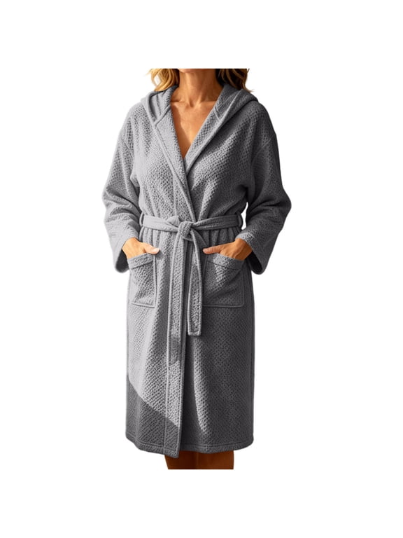Women's Waffle Textured Terry Hooded Wrap Bath Robe 3/4 Sleeve Midi House Robe with Self‑Tie Belt Dual Patch Pockets for Lounging