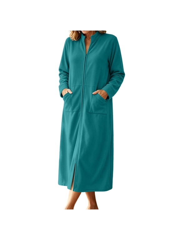 Women's Zip‑Up Housecoat Robe Stand Collar Long Sleeve Maxi Length Loungewear Coat with Patch Pockets for Lounging