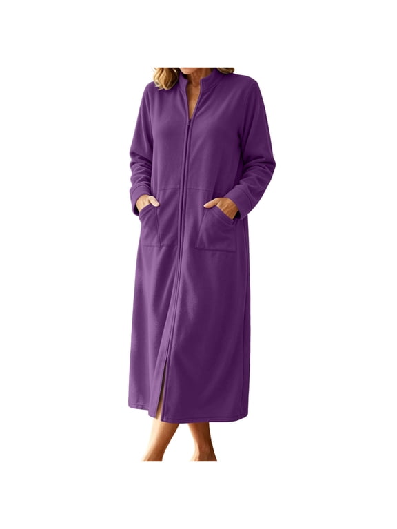 Women's Zip‑Up Housecoat Robe Stand Collar Long Sleeve Maxi Length Loungewear Coat with Patch Pockets for Lounging