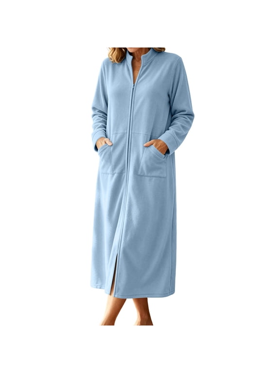 Women's Zip‑Up Housecoat Robe Stand Collar Long Sleeve Maxi Length Loungewear Coat with Patch Pockets for Lounging