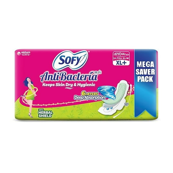 Sofy AntiBacteria XL+ - 323mm | 44pads | Women Sanitary Pads | Keep Skin Dry | 6 Layer Deep Absorption | Herbal Sheild | Hygiene & Herbs | XX-Large