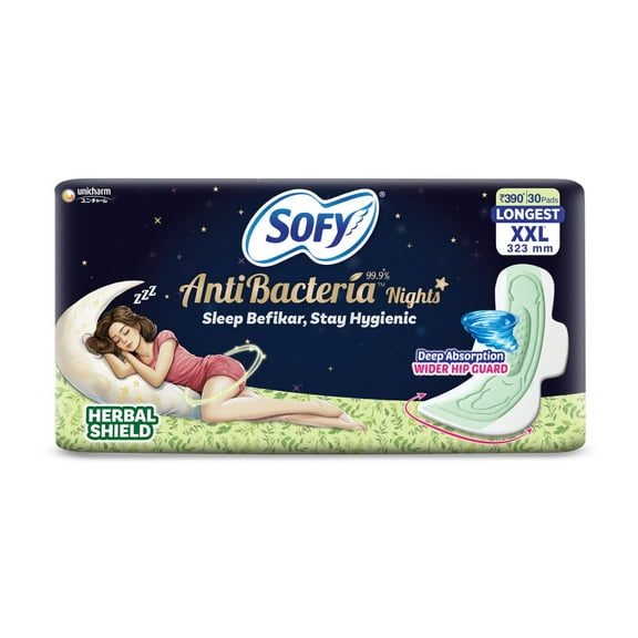 Sofy Women Anti Bacteria Longest XXL Sanitary Pads |Night Protection|Wider Hip Guard| Deep Absorption | Herbal Shield | Hygiene & Herbs | XX-Large, Pack Of 30