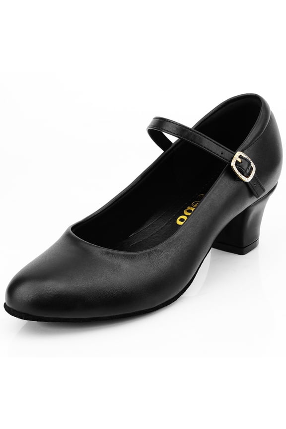 Women's Black Character Shoes Leather Ankle Strap Dance Heels Dance Shoes for Latin Salsa Tango 8.5M