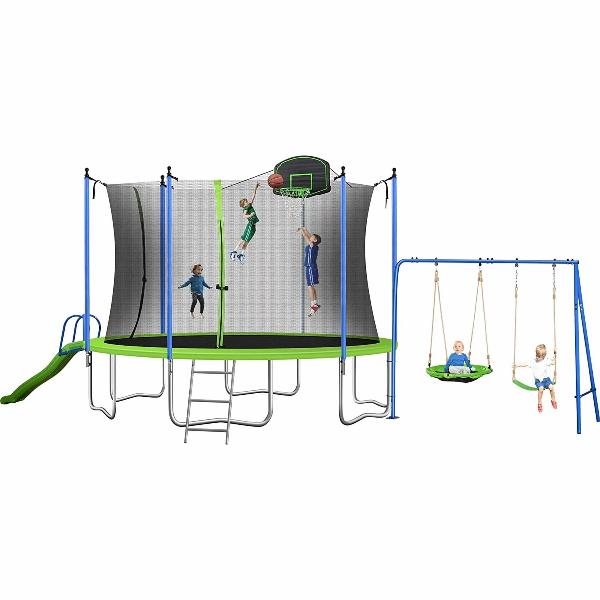 SOGES 12ft Trampolines with Slide and Swing, Basketball Hoop, 4–7 Kids
