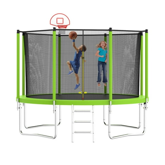 Soges 12FT Trampoline with Safety Enclosure Net, Basketball Hoop and Ladder, Outdoor Trampoline for 3-4 Kids, 880LBS Capacity, Green