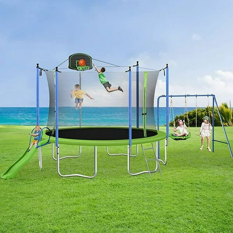 Soges 14FT Trampoline with Slide and Swing Basketball Hoop 1400lbs Capacity Trampoline with Safety Enclosure for Backyard Outdoor Recreational
