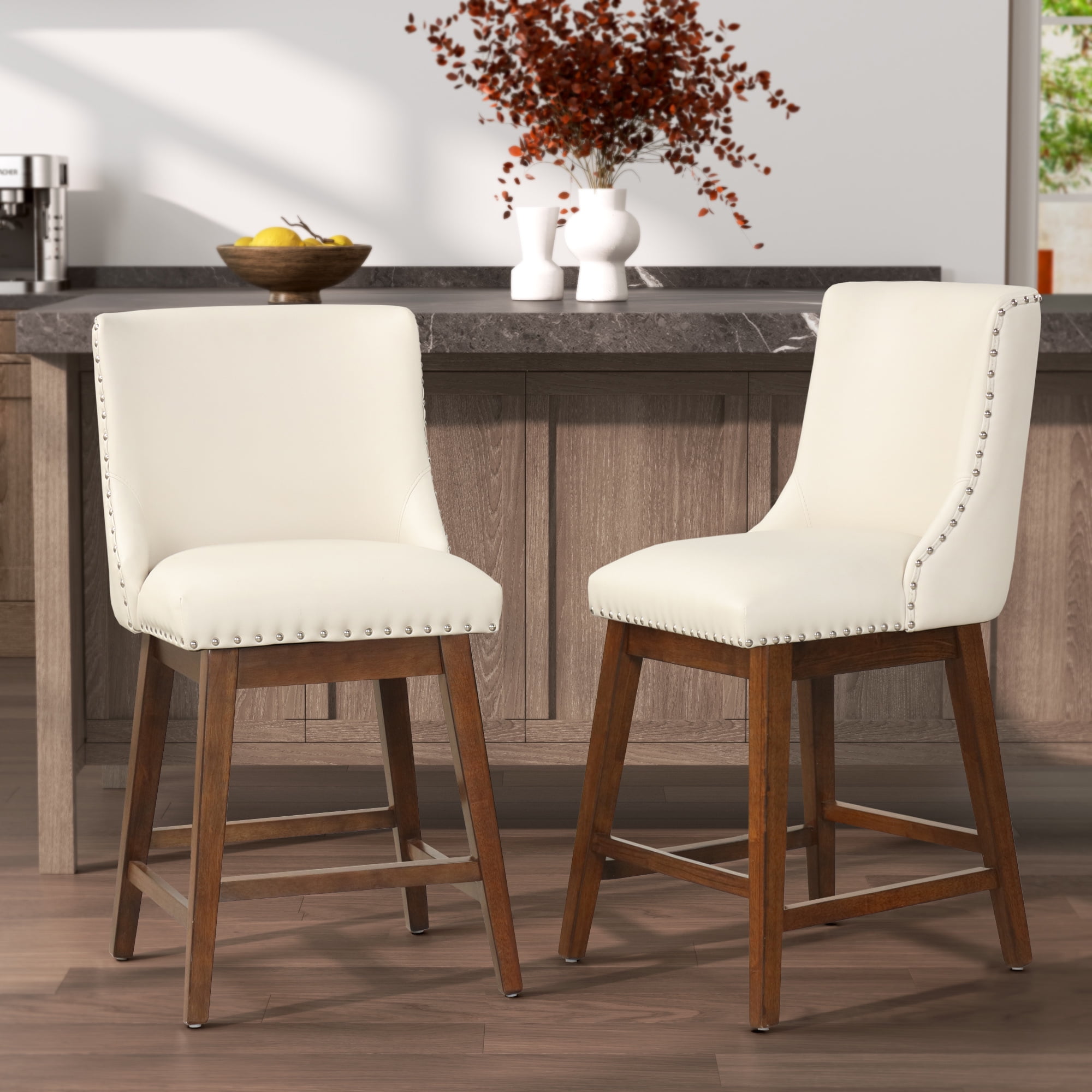 Soges 2 Pieces Swivel Bar Stool PU Leather, 26" Counter Height Bar Chair with Rivet, Rubber Wood Legs, White