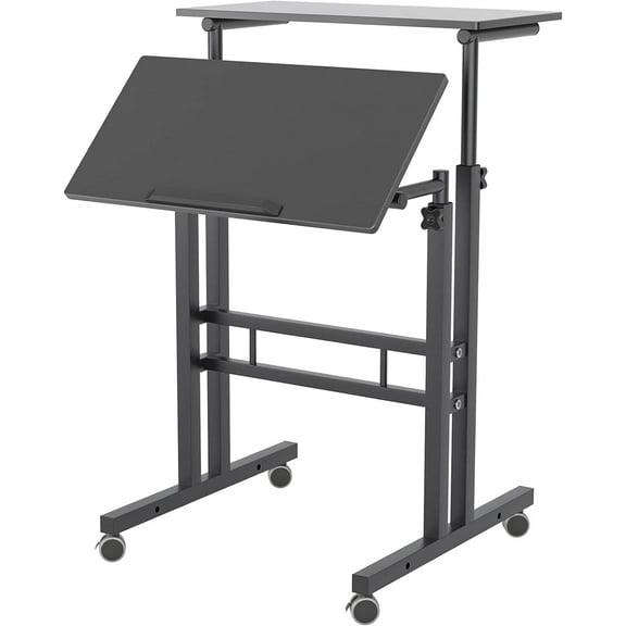 Soges 2-Tier Computer Desk with Wheels Height Adjustable Sit to Stand Desk Home Snack Side Table with Castors Mobile Standing Desk, Black