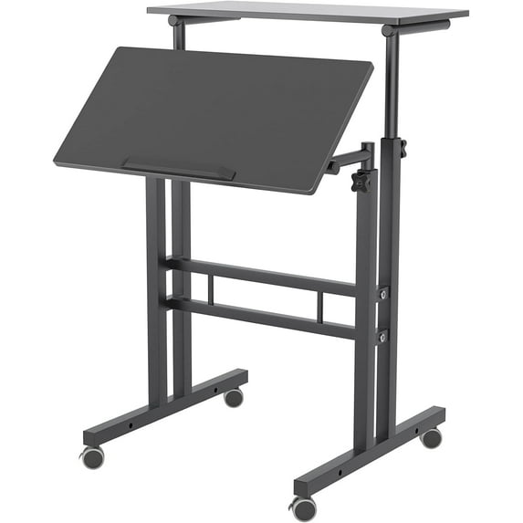 Soges 2-Tier Computer Desk with Wheels Height Adjustable Sit to Stand Desk Home Snack Side Table with Castors Mobile Standing Desk, Black