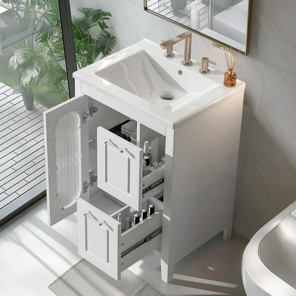 Soges 24" Bathroom Vanity with Ceramic Sink, Solid Wood Bathroom Makeup Cabinet with Door, Adjustable Shelf and 2 Drawer, Free Standing Single Basin Vanity Set for Small Bathroom, White