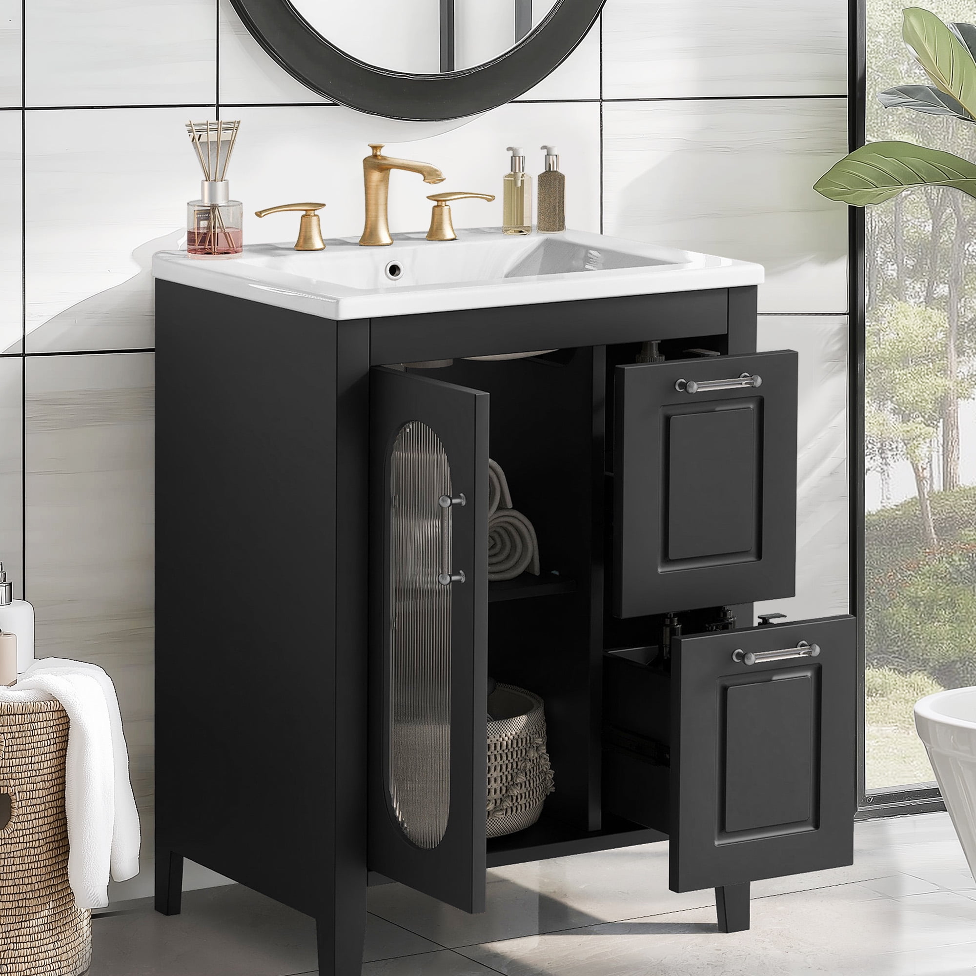 Soges 24" Bathroom Vanity with Ceramic Sink, Solid Wood Bathroom Makeup Cabinet with Door, Adjustable Shelf and Drawer, Free Standing Single Basin Vanity Set for Small Bathroom, Black