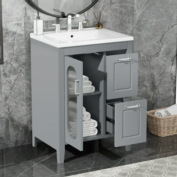 Soges 24" Bathroom Vanity with Ceramic Sink, Solid Wood Bathroom Makeup Cabinet with Door, Adjustable Shelf and Drawer, Free Standing Single Basin Vanity Set for Small Bathroom, Grey