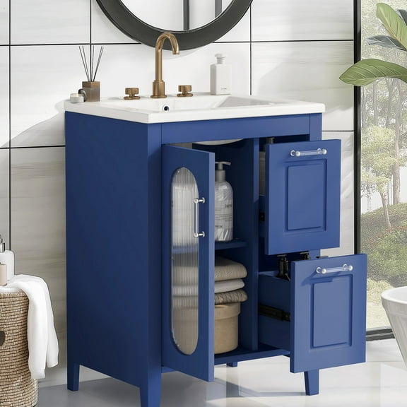 Soges 24" Bathroom Vanity with Ceramic Sink, Solid Wood Bathroom Makeup Cabinet with Door, Adjustable Shelf and Drawer, Free Standing Single Basin Vanity Set for Small Bathroom, Blue