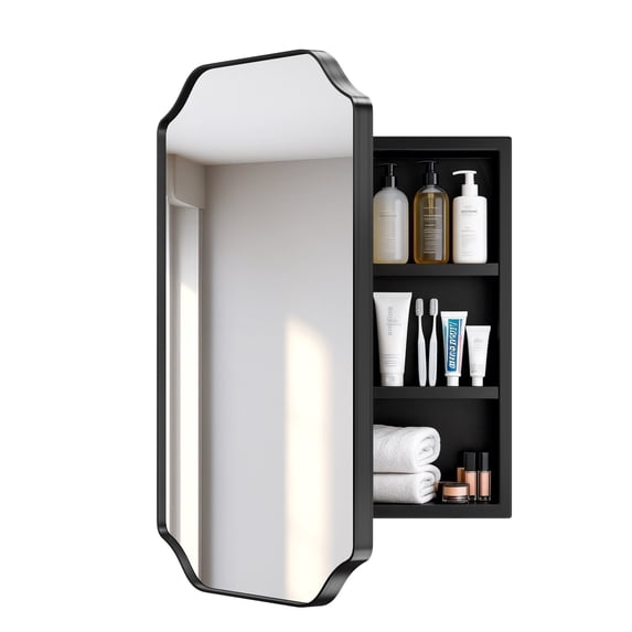 Soges 24"x16" Bathroom Medicine Cabinet with Mirror, Wall Mounted Bathroom Storage with Recessed/Surface Mount Options, Black Metal Frame with Distressed Finish, Easy Installation