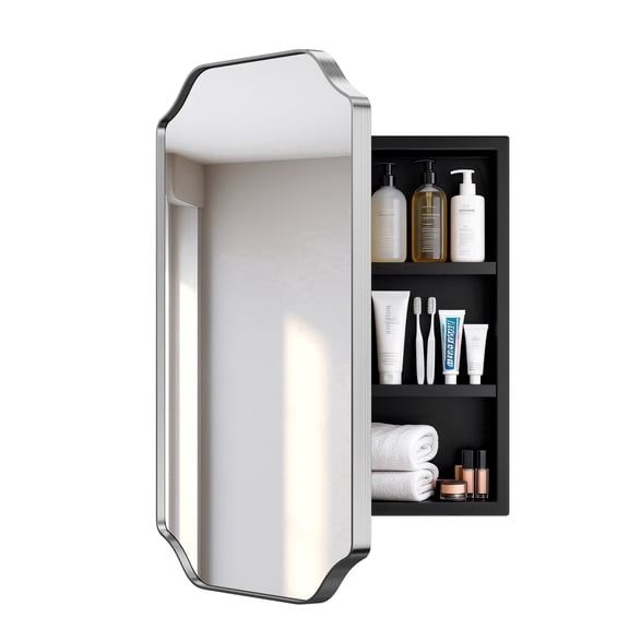 Soges 24"x16" Bathroom Medicine Cabinet with Mirror, Wall Mounted Bathroom Storage with Recessed/Surface Mount Options, Silver Metal Frame with Distressed Finish, Easy Installation
