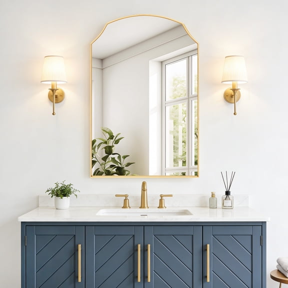 Soges 24"x16" Irregular Bathroom Medicine Cabinet with Mirror, Wall Mounted/Recessed Mirrored Vanity Chest, Metal Frame Storage Cabinet with 2 Removable Shelves, Gold