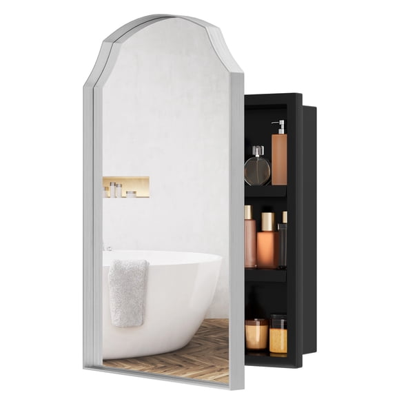 Soges 24"x16" Irregular Bathroom Medicine Cabinet with Mirror, Wall Mounted/Recessed Mirrored Vanity Chest, Metal Frame Storage Cabinet with 2 Removable Shelves, Silver
