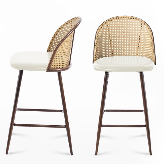 Soges 2pcs PU Leather Bar Stool with Rattan Back, Modern Counter Height Bar Stool with Footrest for Dining Room Kitchen, Beige Cushion