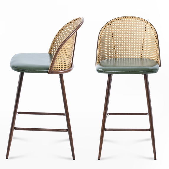 Soges 2pcs PU Leather Bar Stool with Rattan Back, Modern Counter Height Bar Stool with Footrest for Dining Room Kitchen, Green Cushion