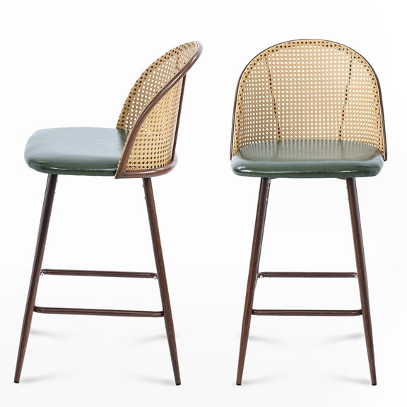 Soges 2pcs PU Leather Bar Stool with Rattan Back, Modern Counter Height Bar Stool with Footrest for Dining Room Kitchen, Green Cushion