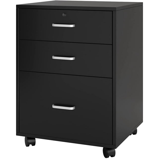 Soges 3 Drawer Mobile File Cabinet, Rolling Filing Cabinet, Modern Office Cabinet with Lock and Wheels, Black