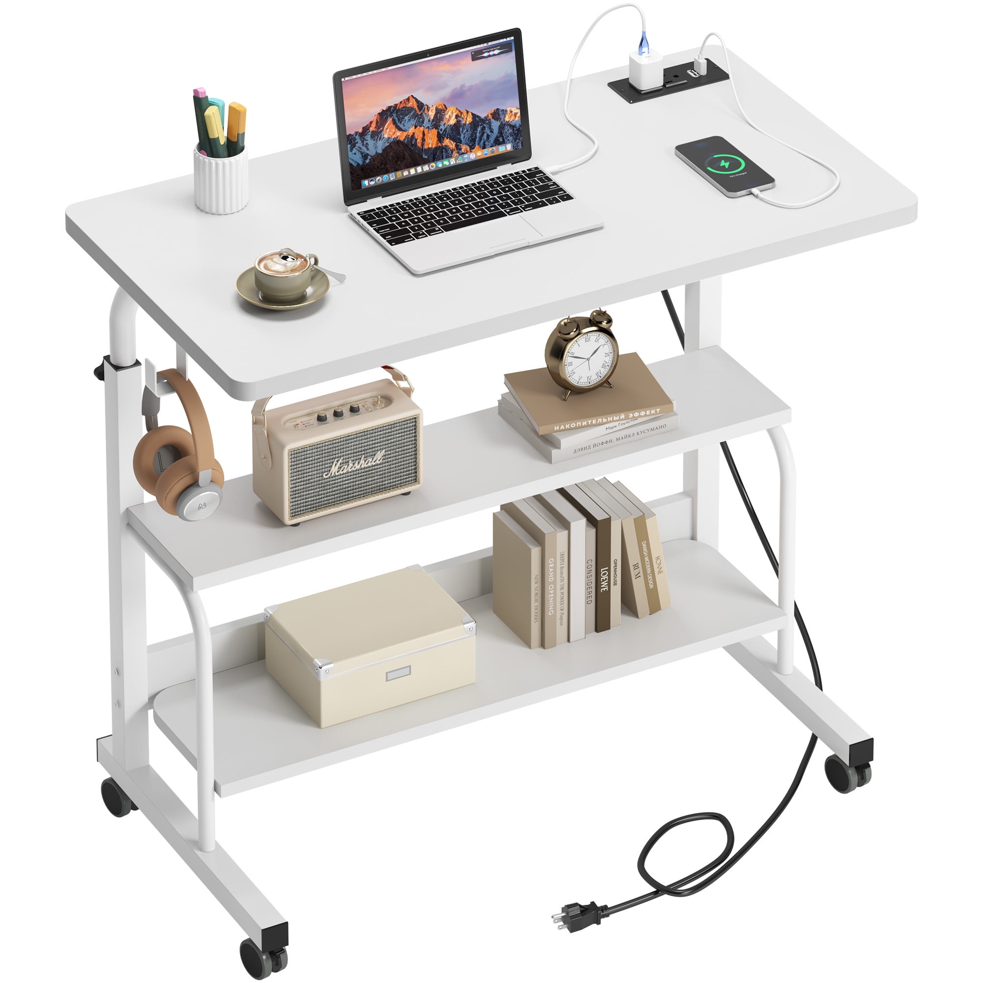 Soges 31.5" Height Adjustable Computer Desk with Charging Station, Adjustable Side Table Movable Laptop Desk with 2 Storage Shelves, Adjustable Desk on Wheels for Home Office, Sofa, Bed, White