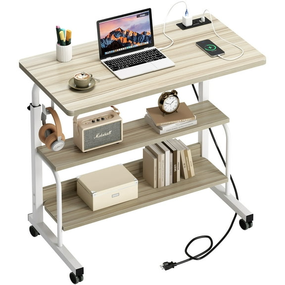 Soges 31.5" Height Adjustable Computer Desk with Charging Station, Adjustable Side Table Movable Laptop Desk with 2 Storage Shelves, Adjustable Desk on Wheels for Home Office, Sofa, Bed, Maple