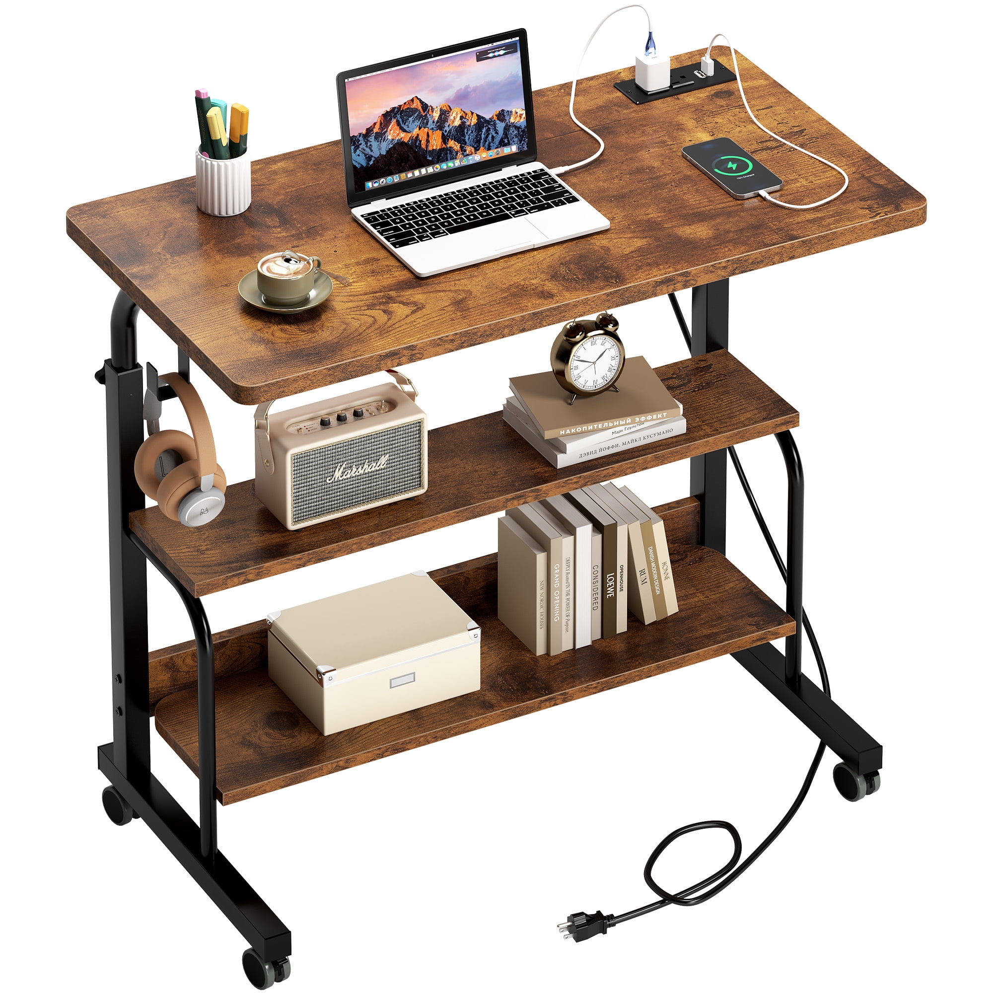Soges 31.5" Height Adjustable Computer Desk with Charging Station, Adjustable Side Table Movable Laptop Desk with 2 Storage Shelves, Adjustable Desk on Wheels for Home Office, Sofa, Bed, Rustic Brown